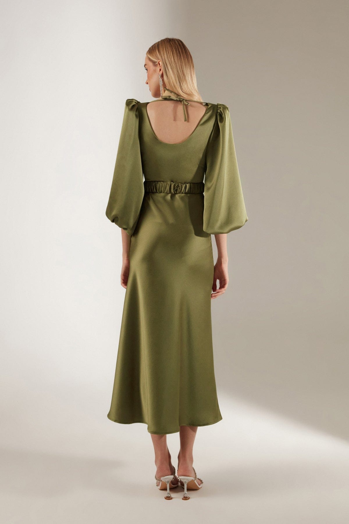 Haki Lange Ballonärmel Midi Kleid