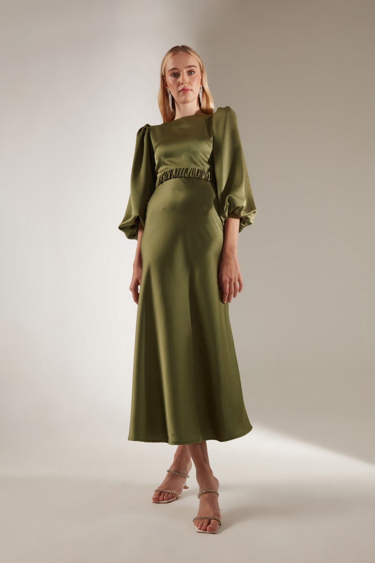 Haki Lange Ballonärmel Midi Kleid
