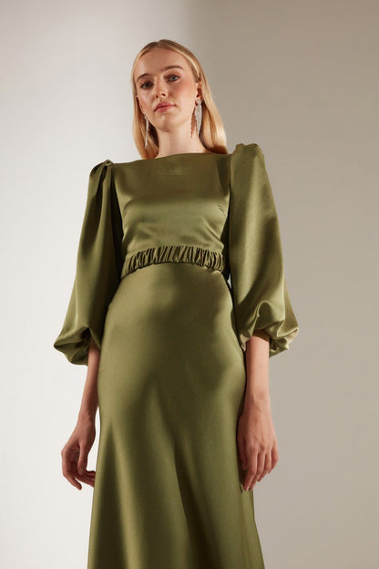 Haki Lange Ballonärmel Midi Kleid
