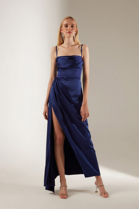 Sax Strap Draped Satin Dress