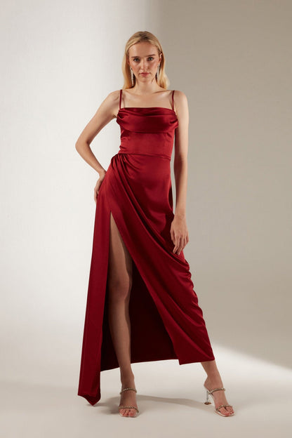 Dark Red Strap Draped Satin Dress