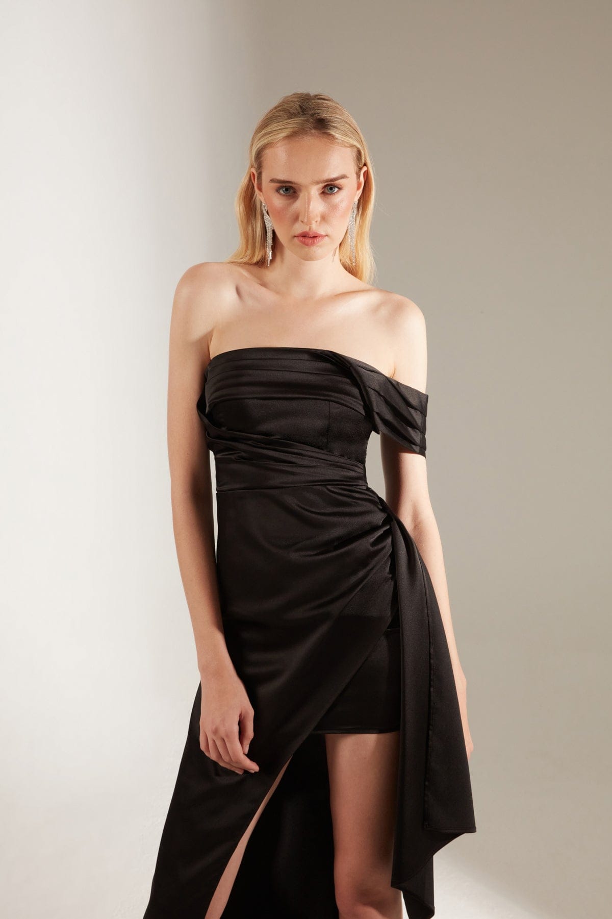 Black Draped Asymmetrical Satin Dress