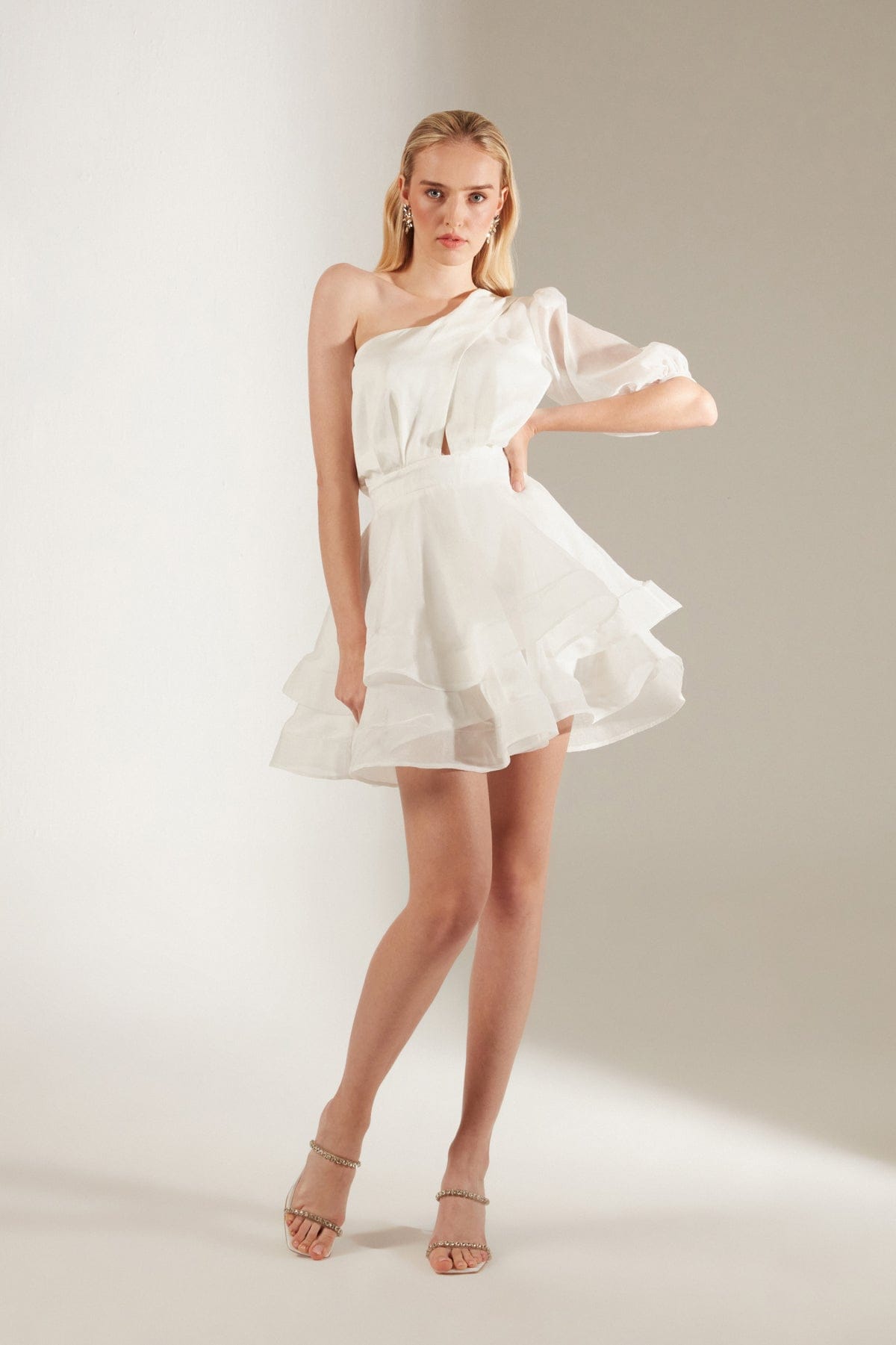 One Sleeve Ruffle White Dress