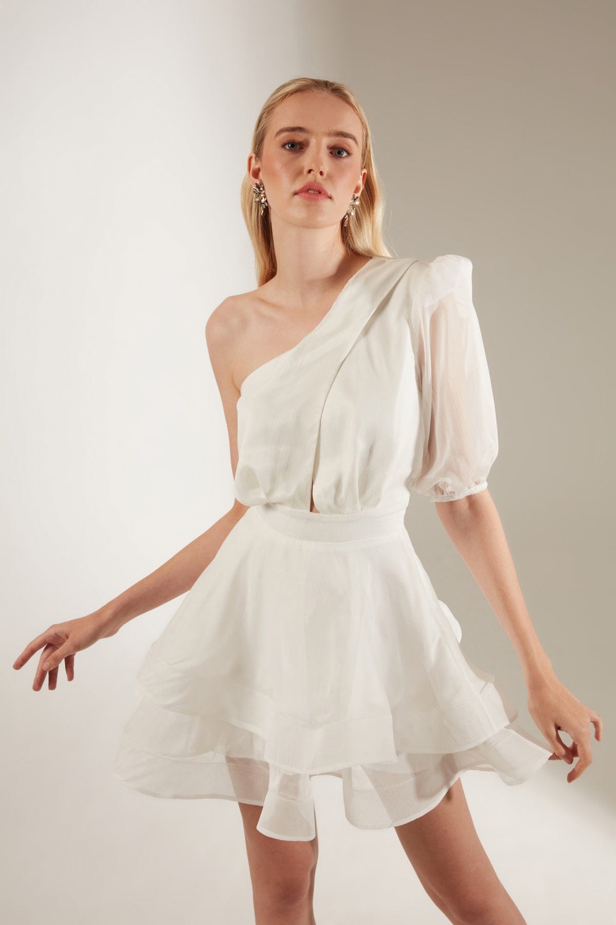 One Sleeve Ruffle White Dress