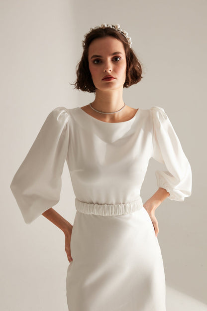 Weißes Langarm-Ballon-Midi-Kleid