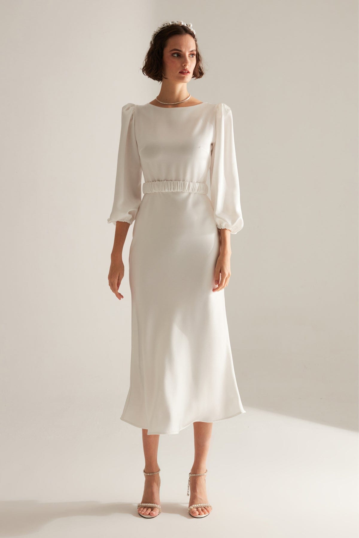 White Long Balloon Sleeve Midi Length Dress