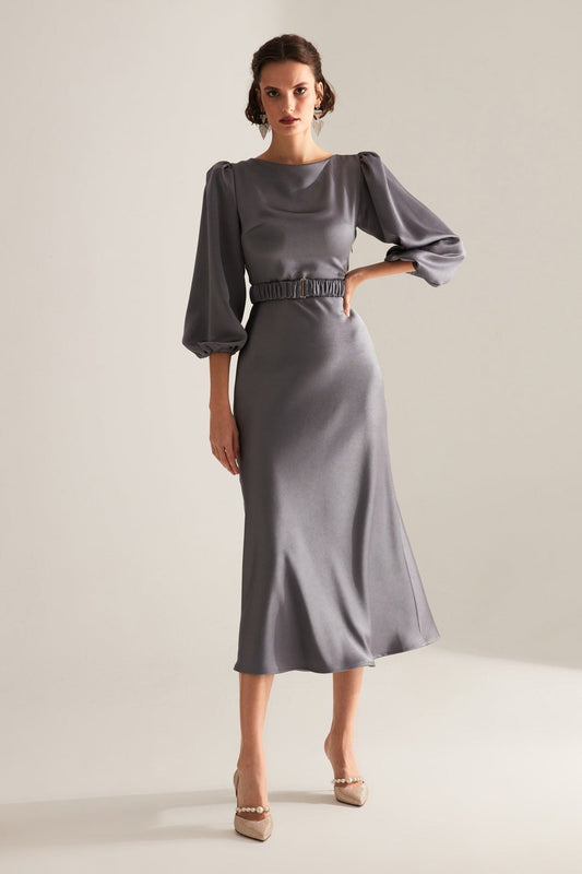 Gri Lange Ballonärmel Midi Kleid