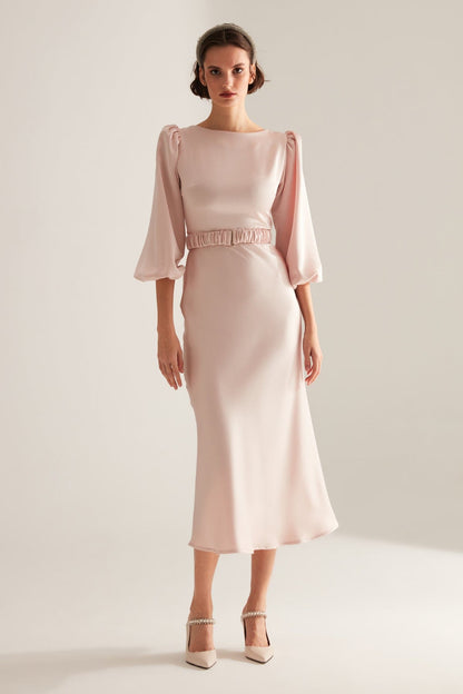 Heleny Pudra Lange Ballonärmel Midi Kleid