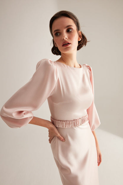 Heleny Pudra Lange Ballonärmel Midi Kleid