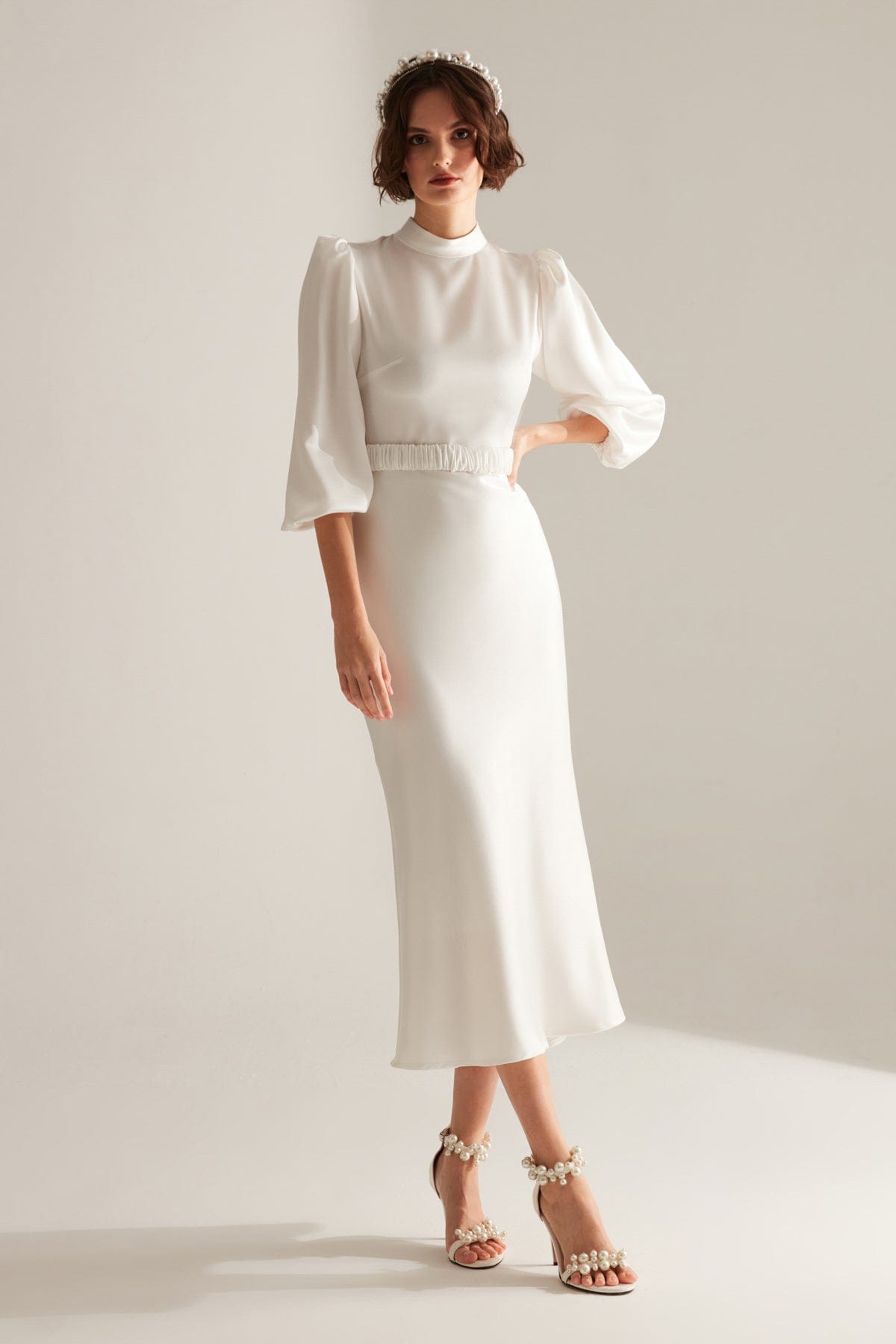 Classic Collar White Long Balloon Sleeve Midi Dress