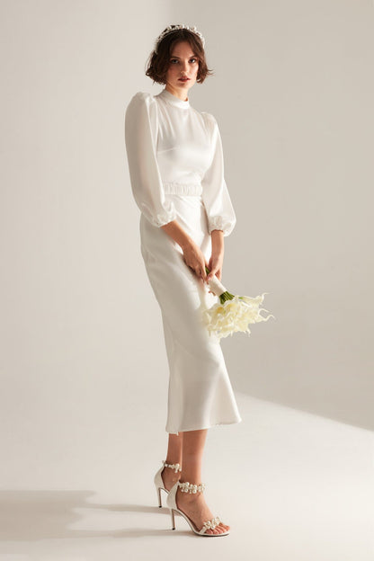 Classic Collar White Long Balloon Sleeve Midi Dress