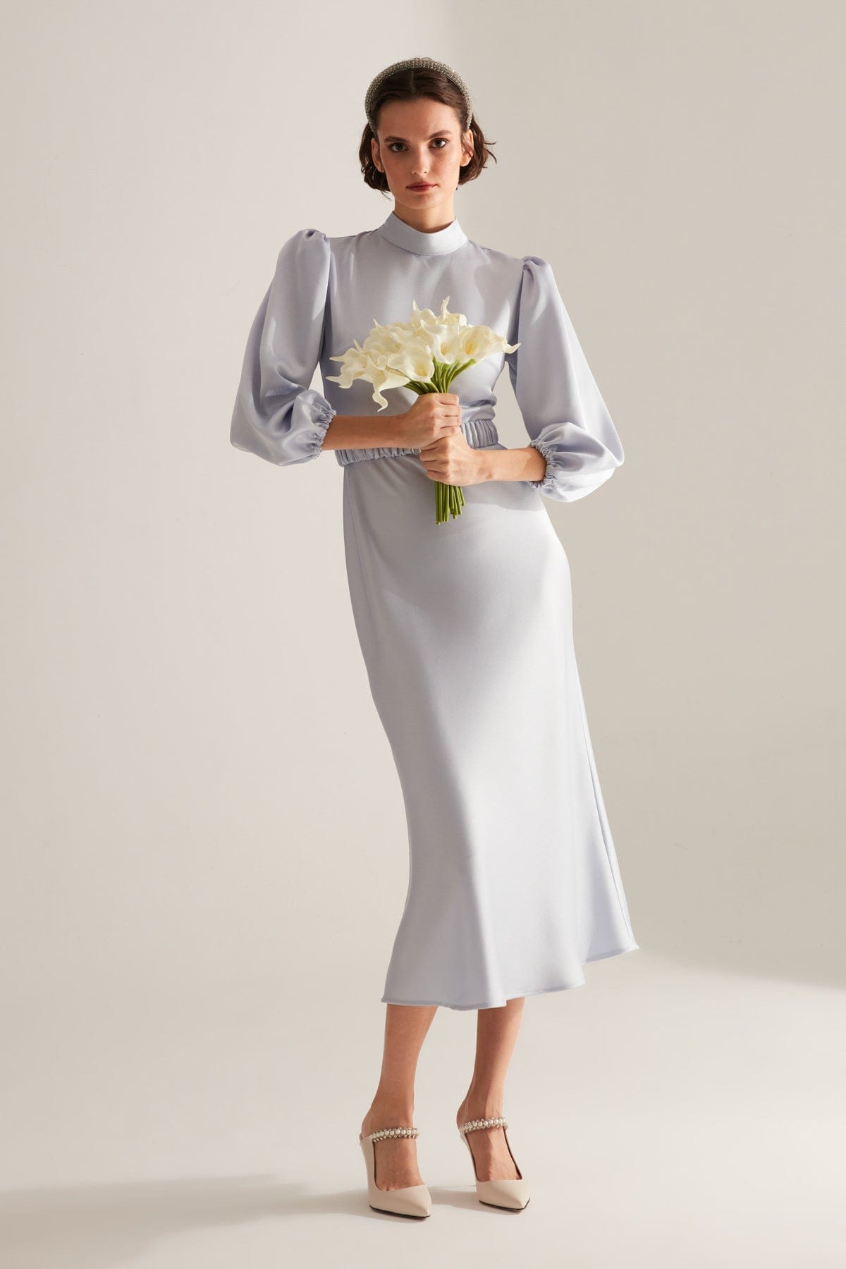 Judge Collar Light Blue Long Balloon Sleeve Midi Dress