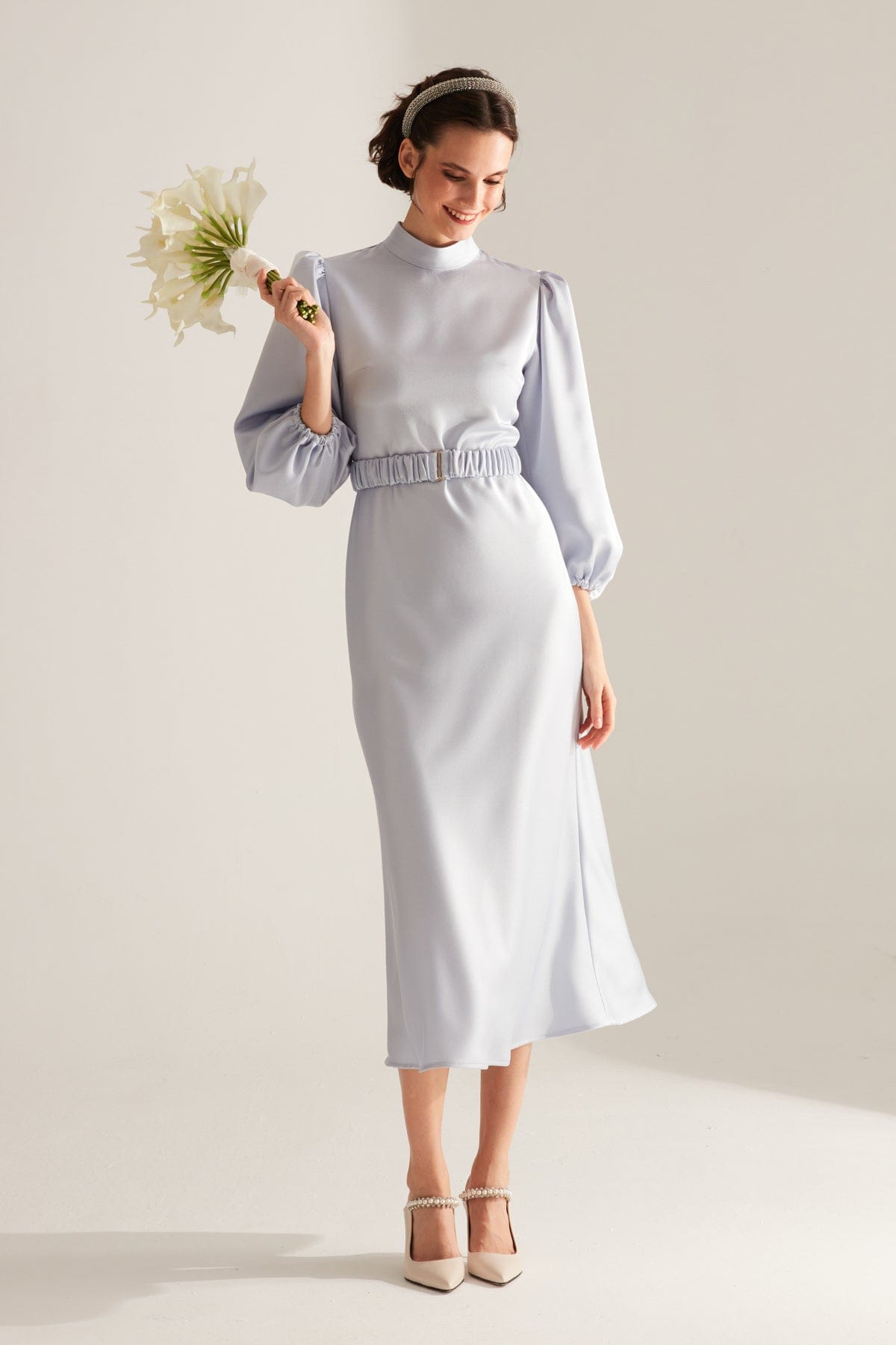 Judge Collar Light Blue Long Balloon Sleeve Midi Dress