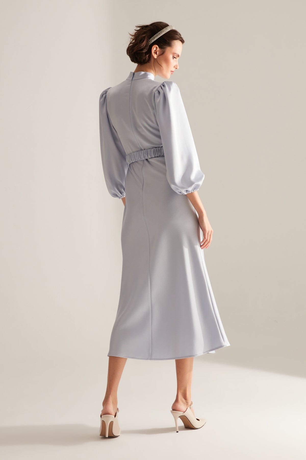 Judge Collar Light Blue Long Balloon Sleeve Midi Dress