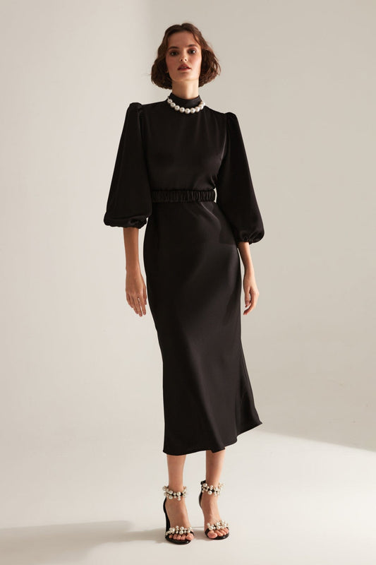 Hakim Yaka Schwarzes Langarm-Midi-Kleid mit Ballonärmeln