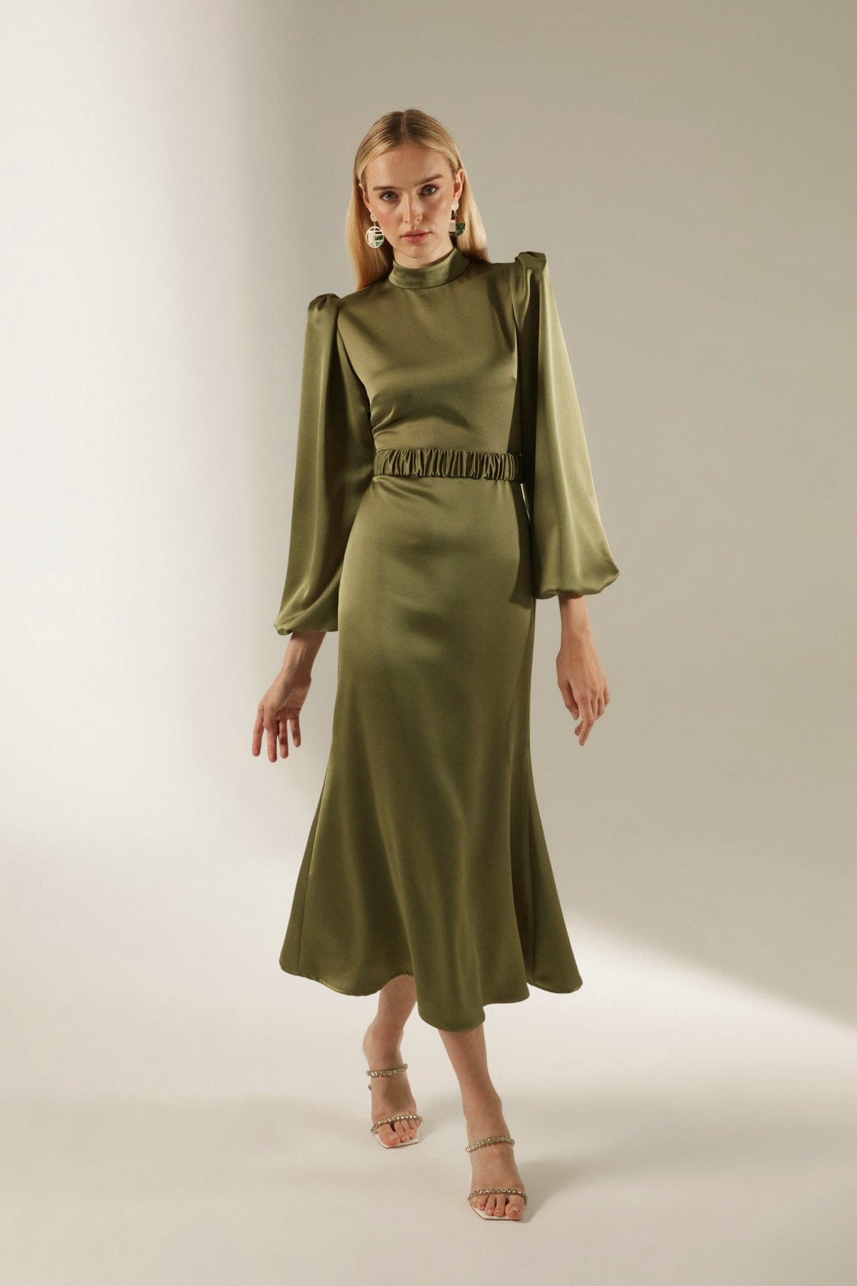 Mabel Khaki Long Balloon Sleeve Midi Length Dress