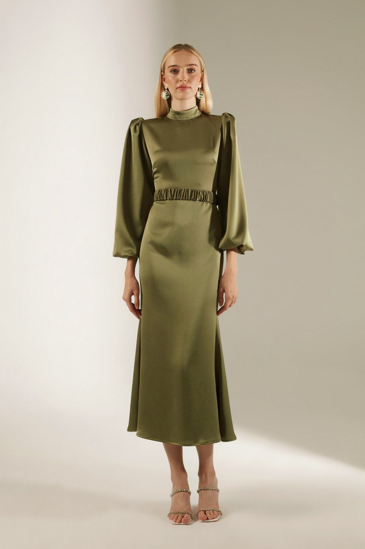 Mabel Khaki Long Balloon Sleeve Midi Length Dress