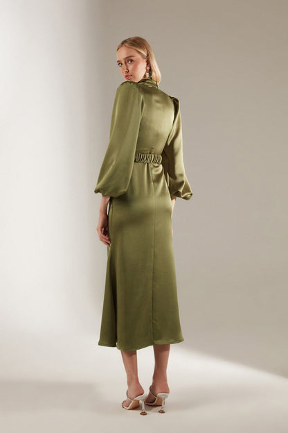 Mabel Khaki Long Balloon Sleeve Midi Length Dress