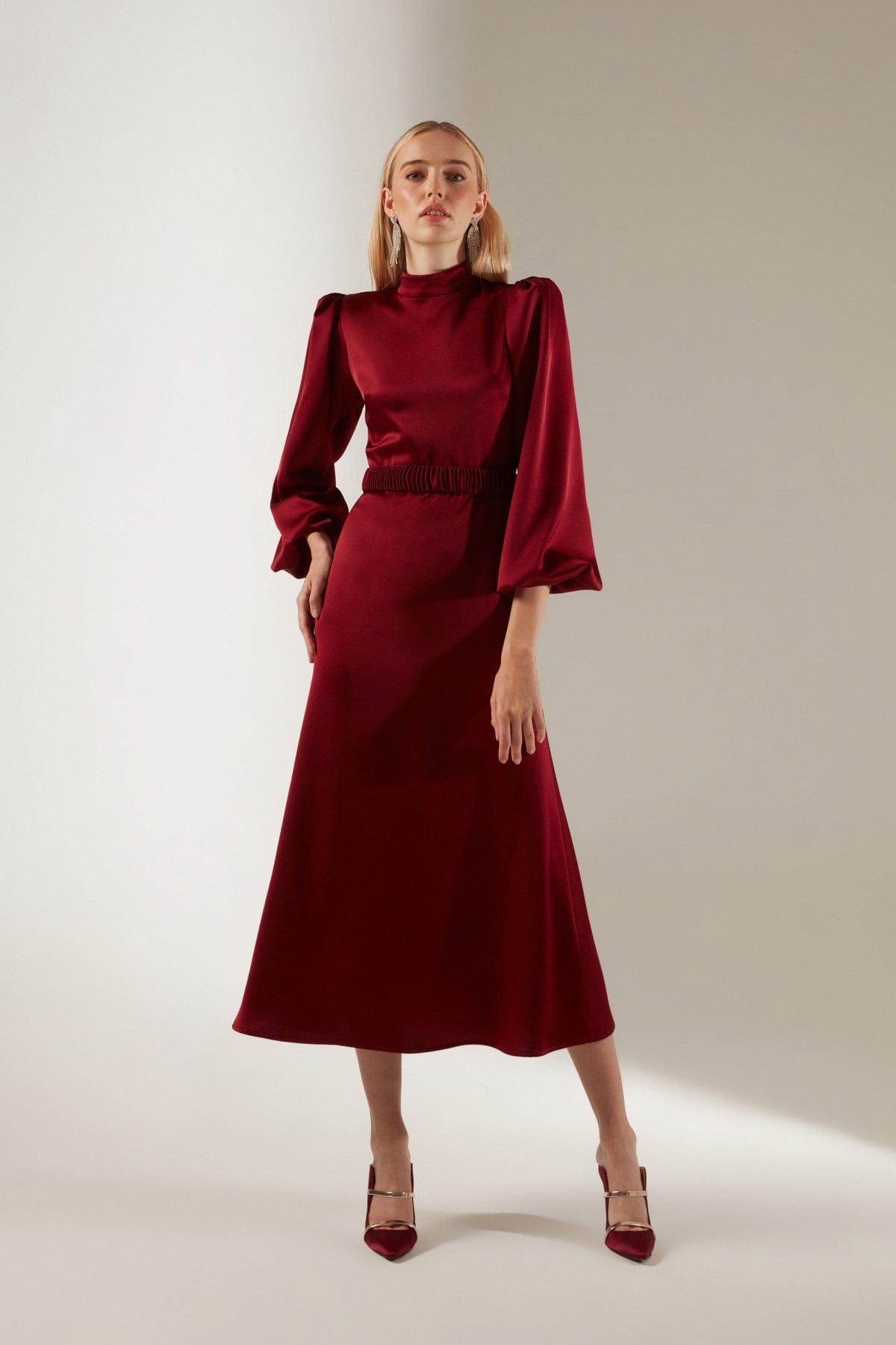 Mabel Dark Red Long Balloon Sleeve Midi Dress