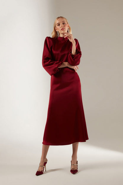 Mabel Dark Red Long Balloon Sleeve Midi Dress