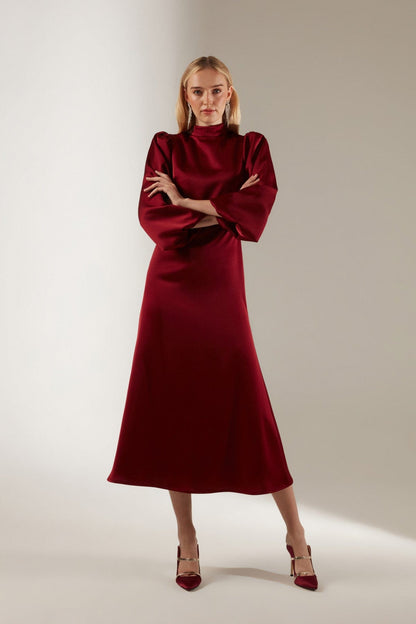 Mabel Dark Red Long Balloon Sleeve Midi Dress