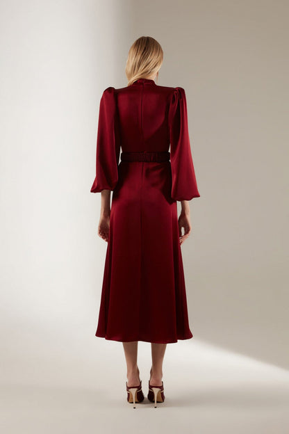 Mabel Dark Red Long Balloon Sleeve Midi Dress