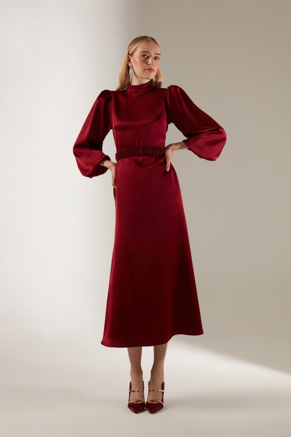 Mabel Dark Red Long Balloon Sleeve Midi Dress