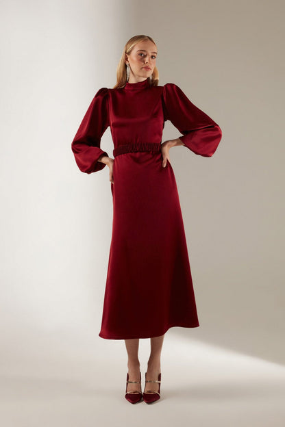 Mabel Dark Red Long Balloon Sleeve Midi Dress