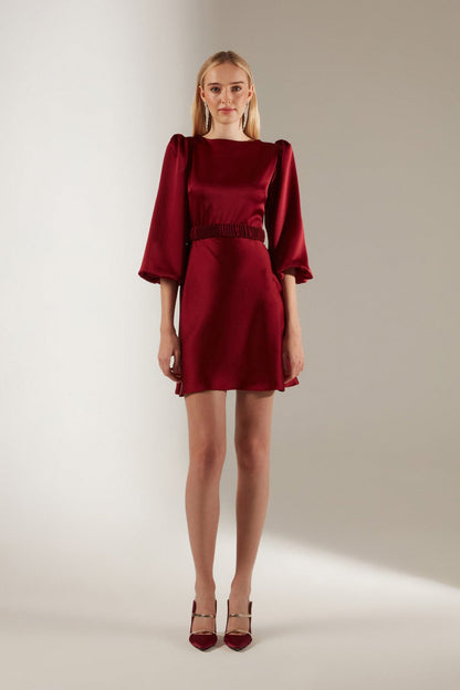 Dark Red Balloon Sleeve Mini Length Dress