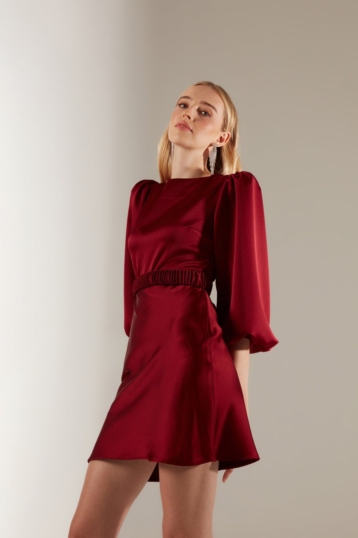 Dark Red Balloon Sleeve Mini Length Dress