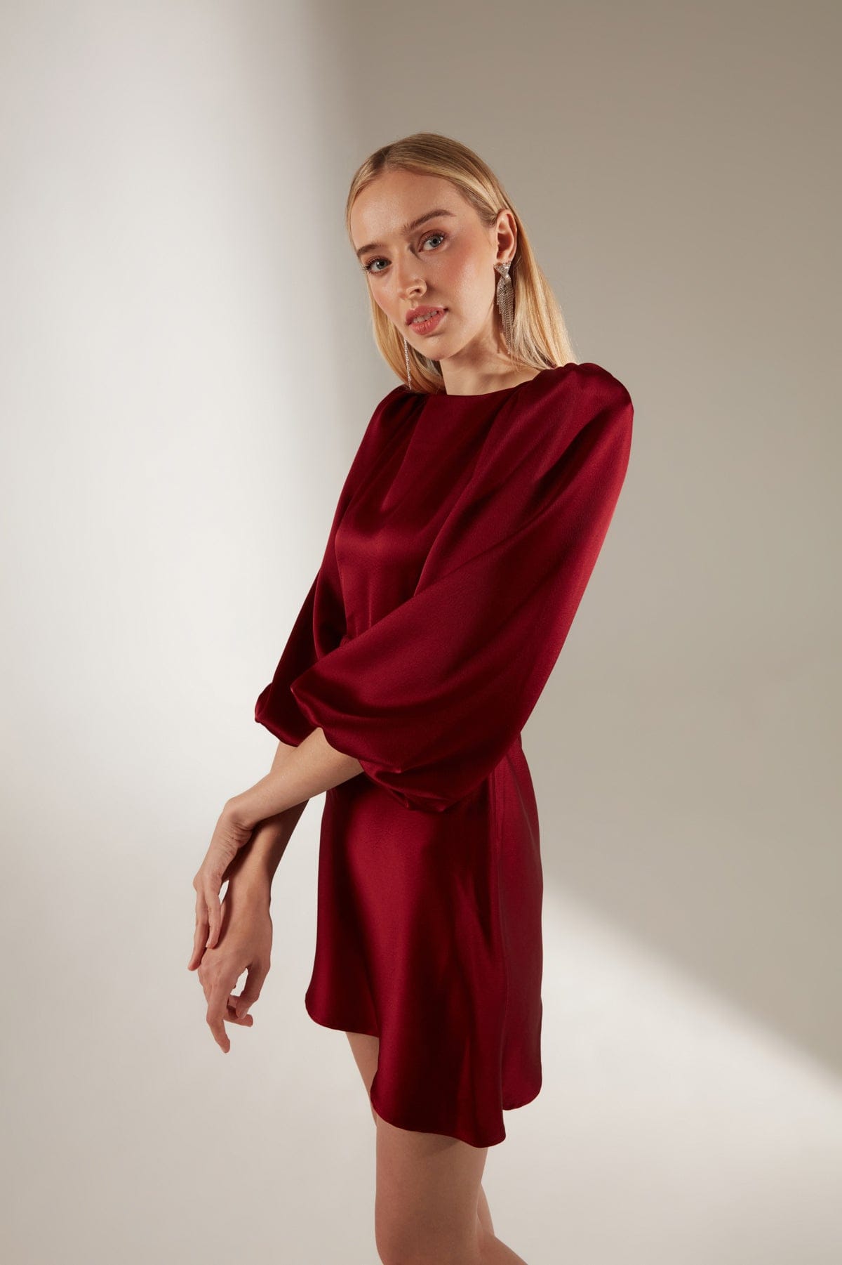 Dark Red Balloon Sleeve Mini Length Dress