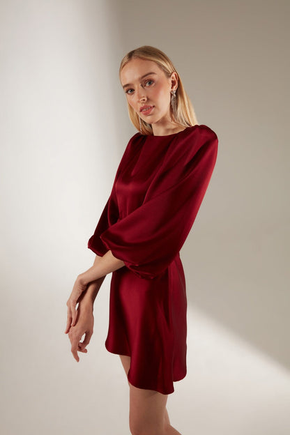 Dark Red Balloon Sleeve Mini Dress