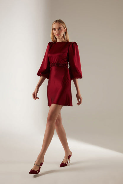 Dark Red Balloon Sleeve Mini Length Dress