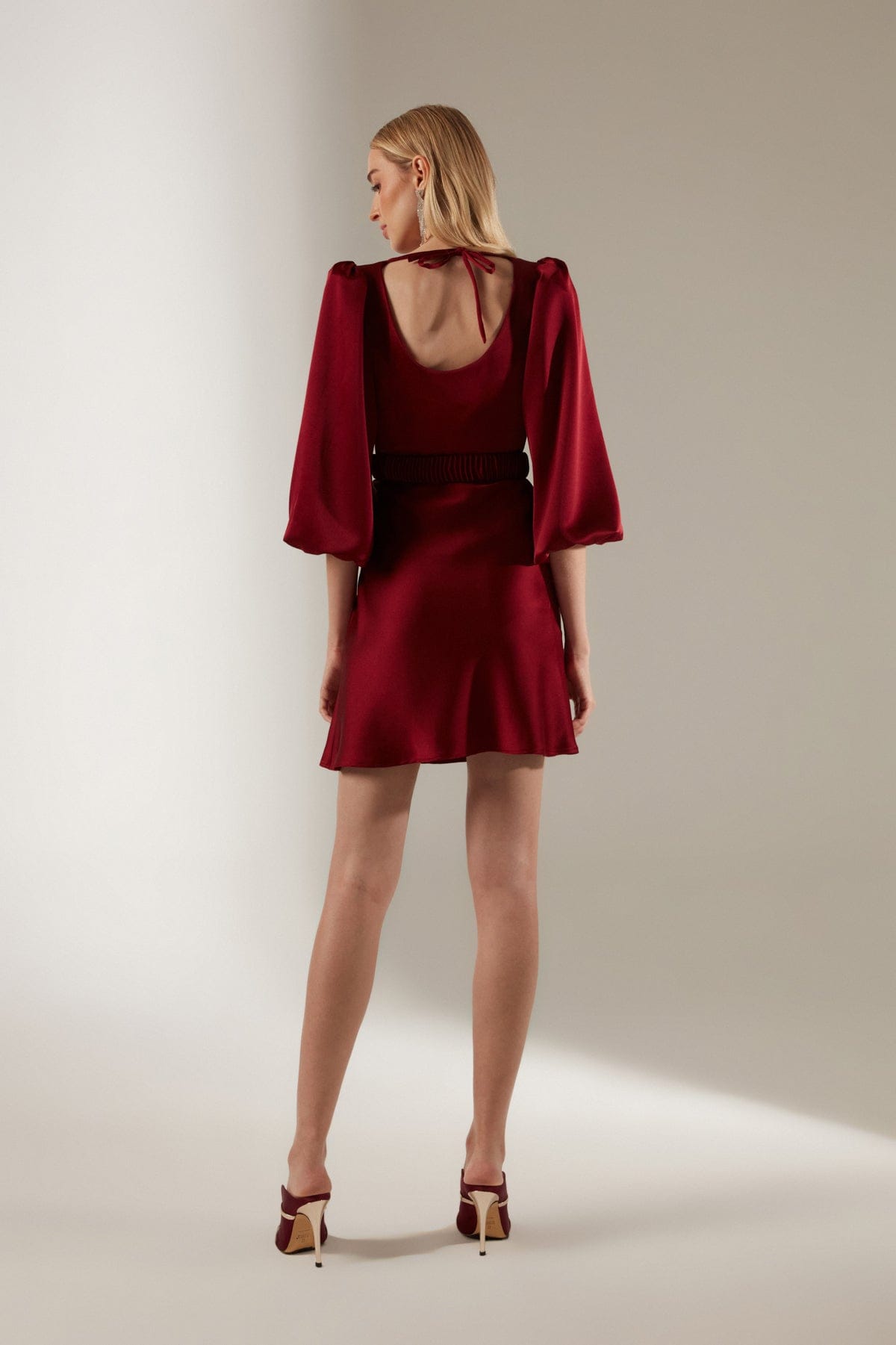 Dark Red Balloon Sleeve Mini Length Dress