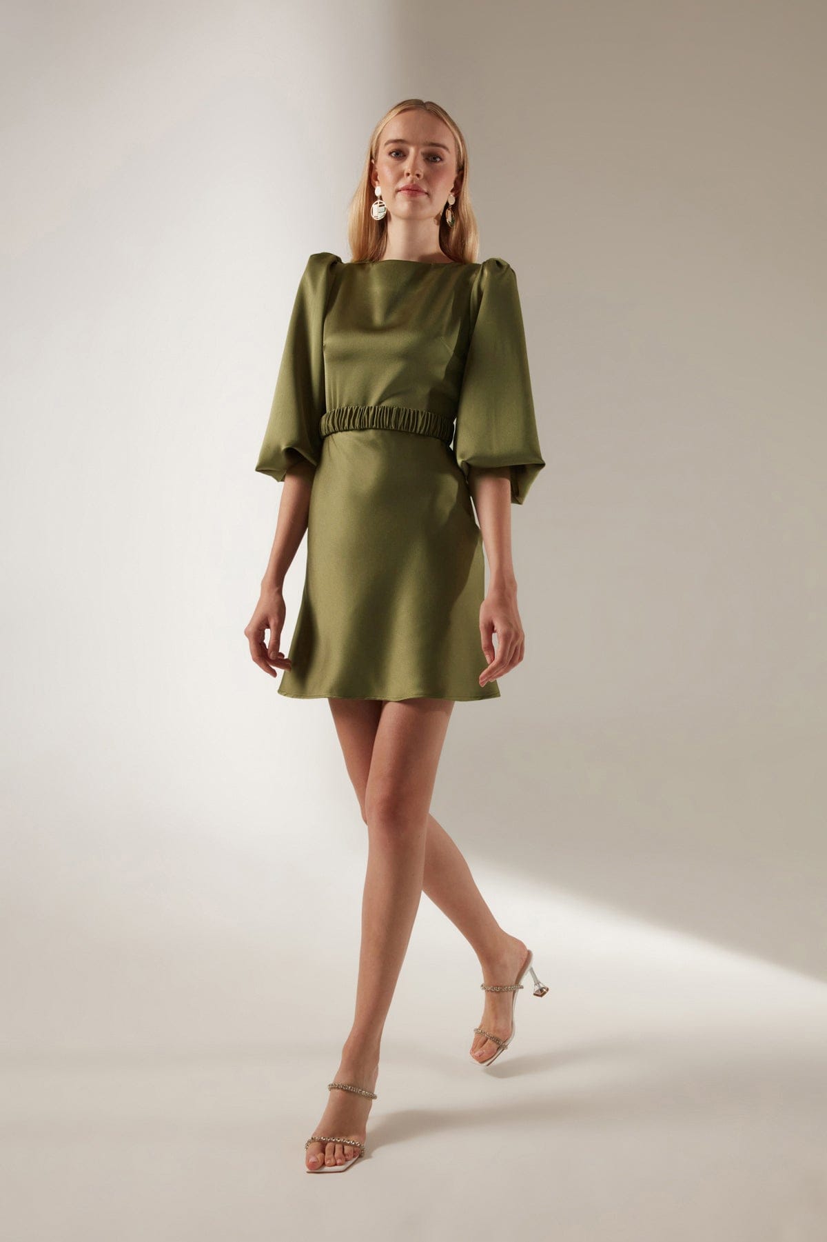 Khaki Balloon Sleeve Mini Length Dress