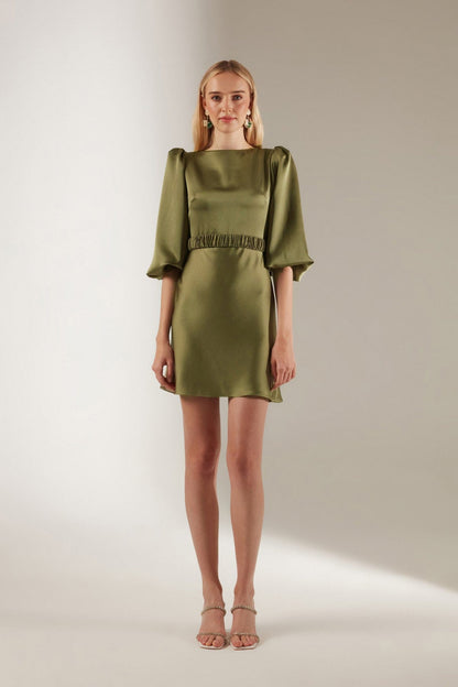 Khaki Balloon Sleeve Mini Length Dress