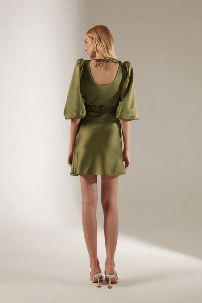 Khaki Balloon Sleeve Mini Length Dress