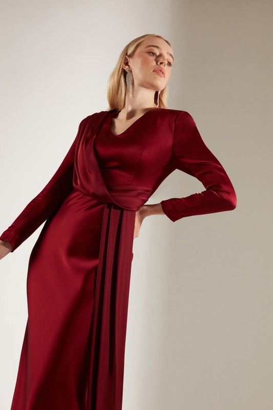 V-Neck Shawl Dark Red Evening Dress