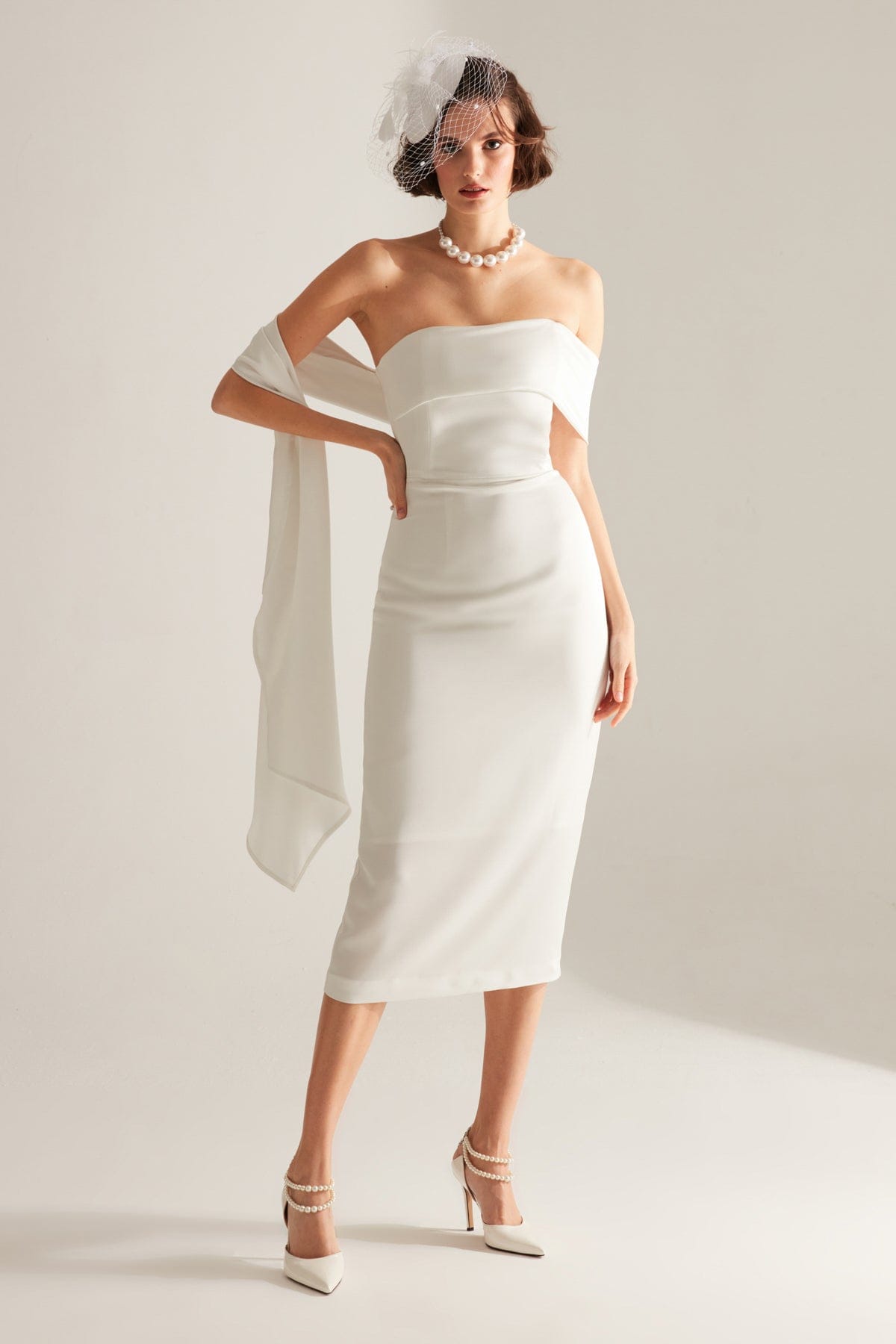 Shawl Detailed Pencil Skirt White Wedding Dress