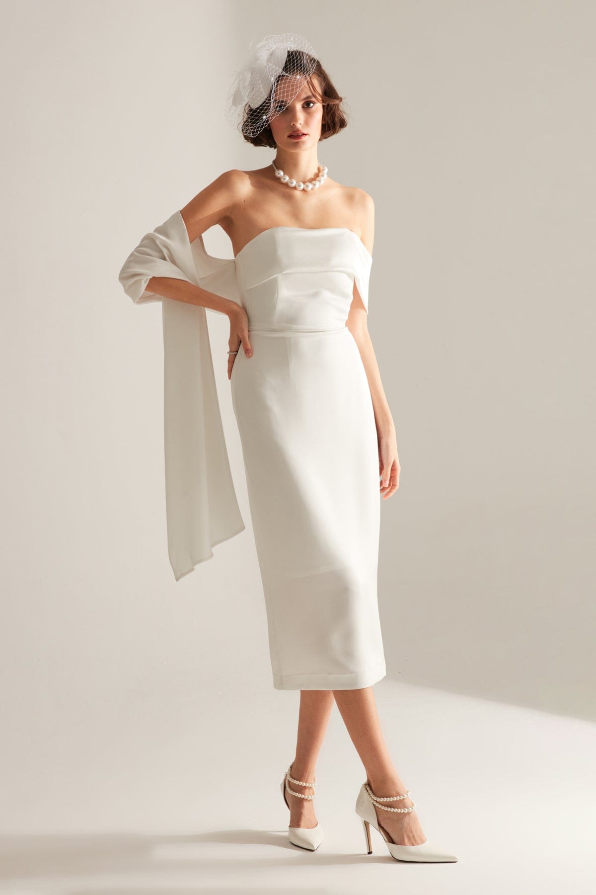 Shawl Detailed Pencil Skirt White Wedding Dress