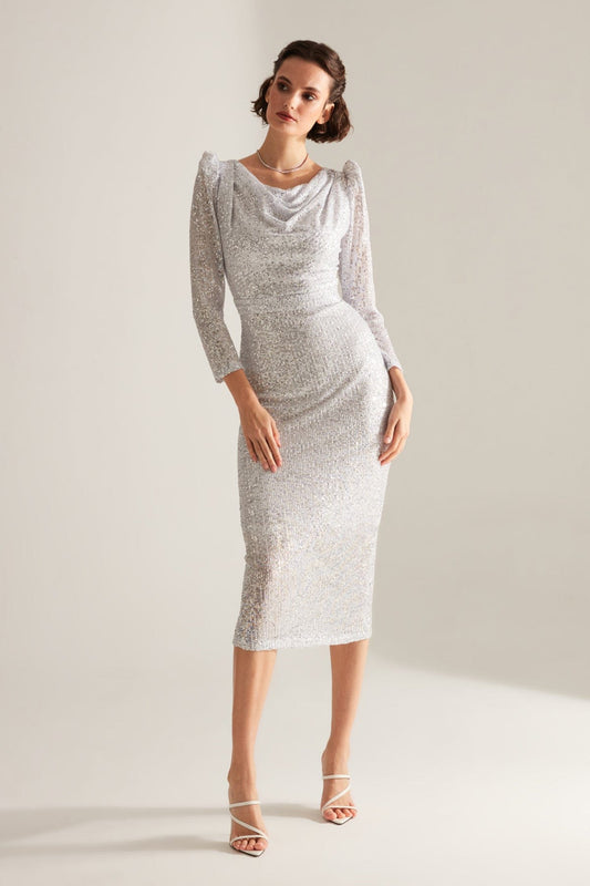 Degajee Collar Pencil Skirt Silver Glitter Sequin Engagement Dress