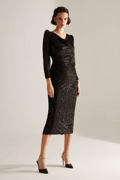 Degajee Collar Pencil Skirt Black Glitter Sequin Engagement Dress