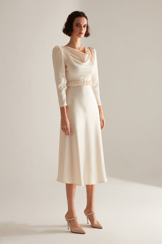 Plunging Collar Flared Skirt Ecru Engagement Dress