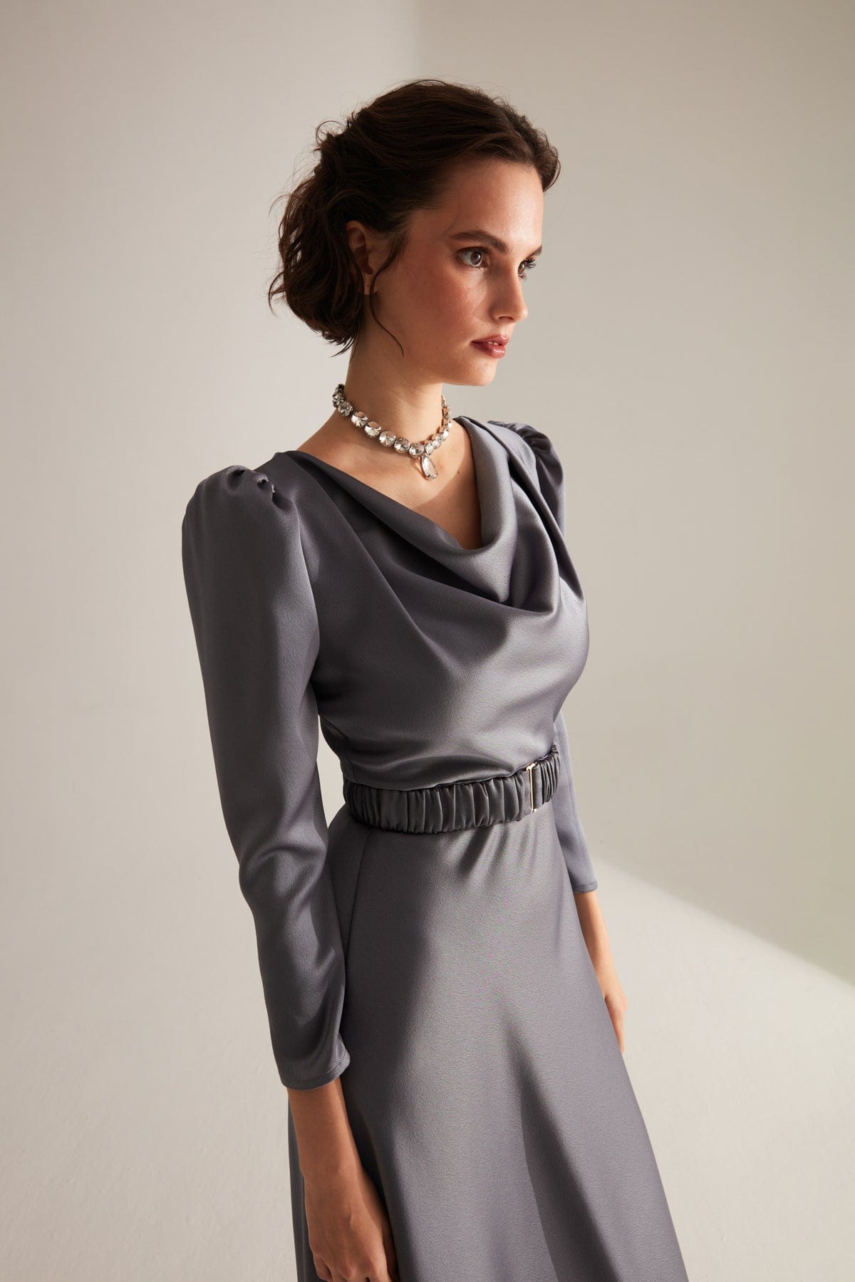 Robe de fiançailles à bretelles GRİ Degaje Yaka