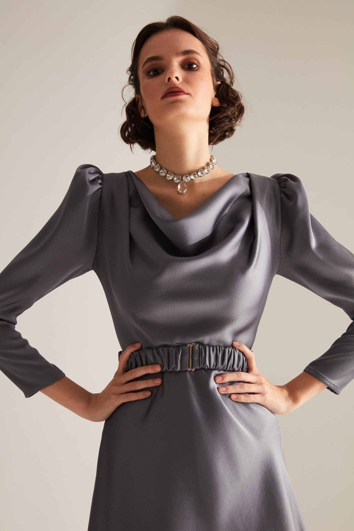 Robe de fiançailles à bretelles GRİ Degaje Yaka