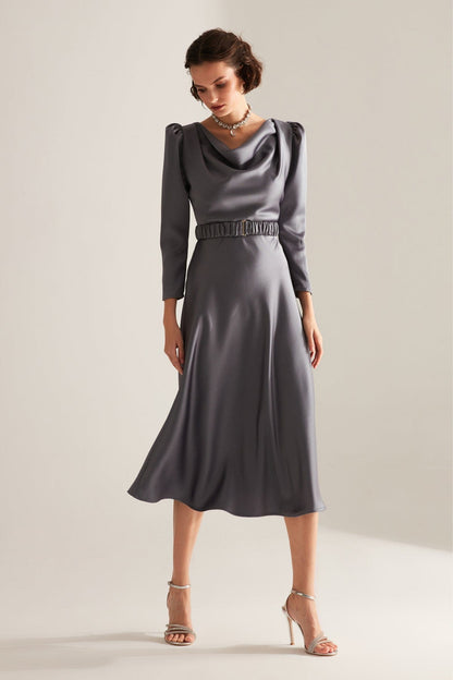 Robe de fiançailles à bretelles GRİ Degaje Yaka