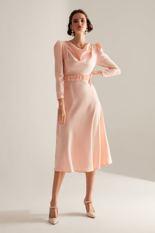 Plunging Collar Flared Skirt Powder Engagement Dress