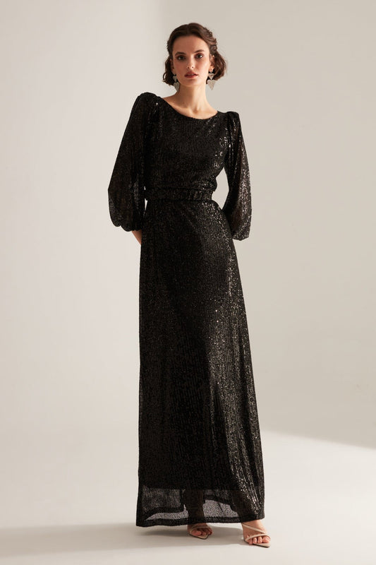 Glänzendes Pailletten Schwarzes Ballonärmel Maxikleid für die Nacht