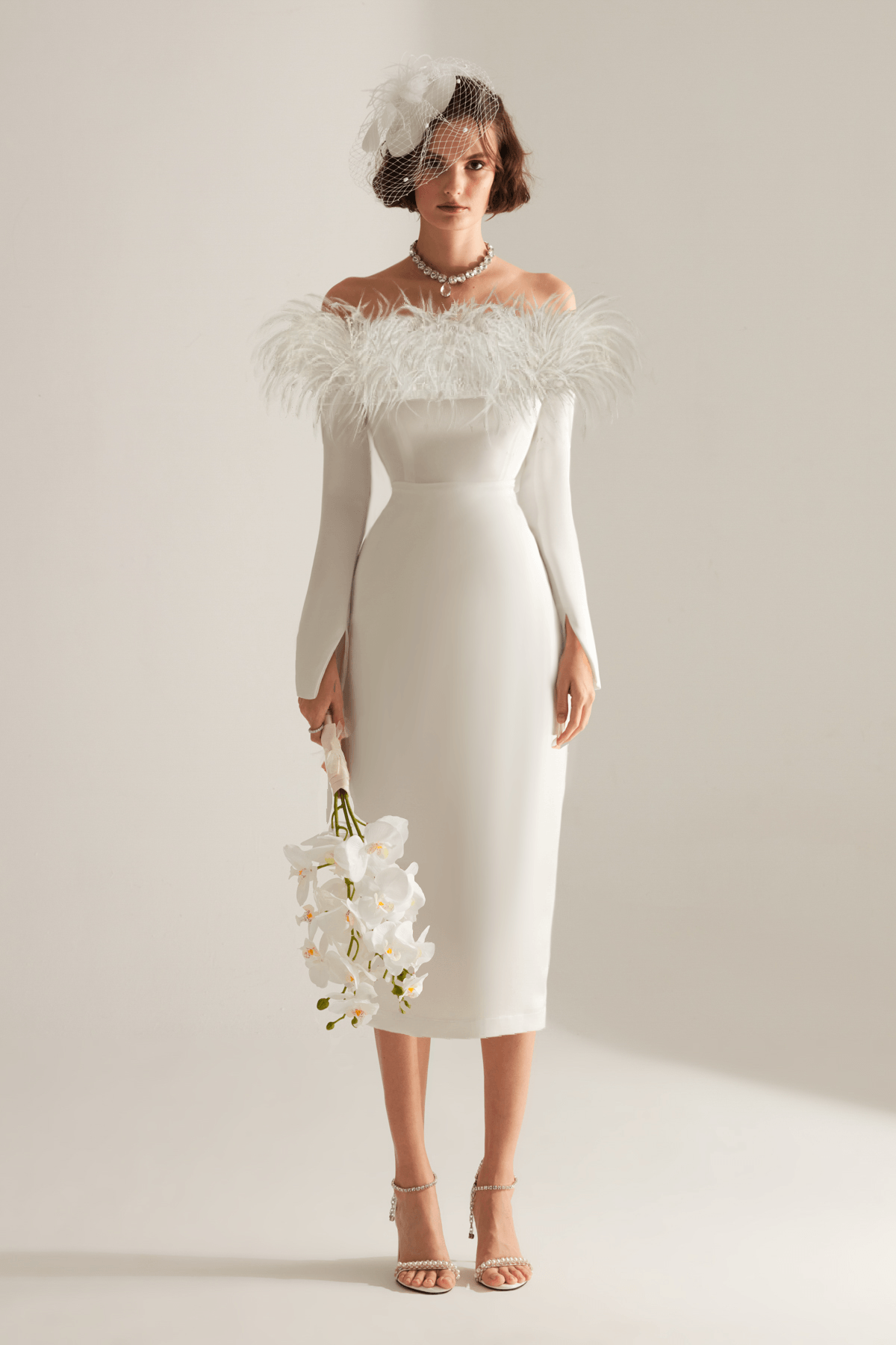 Rosalie Feder Langarm Midi Hochzeitskleid 5621
