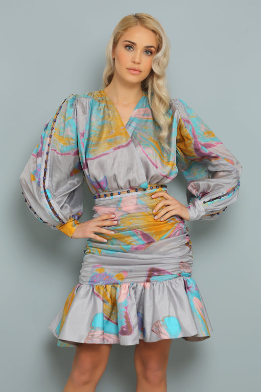 Perlenbesticktes %100 Seiden Wickelkleid